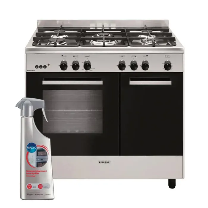GLEM Cuisinière piano de cuisson 5 foyers Brûleurs gaz inox 90x60cm Four catalyse Gazinière 66L