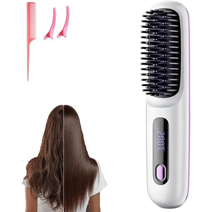 Go Brush Pro Mini Brosse à Lisser Portable Sans Fil – LCD 2000 mAh Chauffage Rapide Céramique (WH) blanc BROSSE SOUFFLANTE
