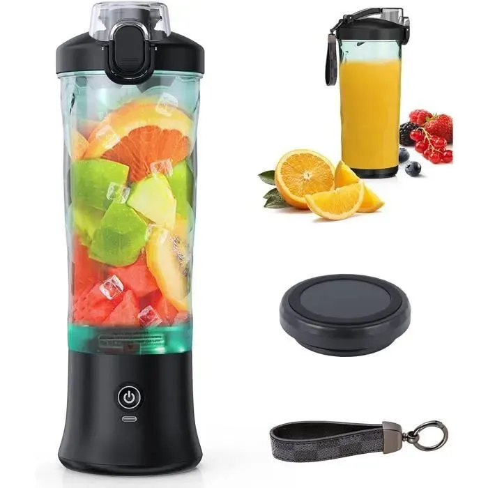 Gobelet mixeur portable 600 ml – Blender pour le sport et le fitness – Rechargeable par USB-C – Moteur puissant – Noir