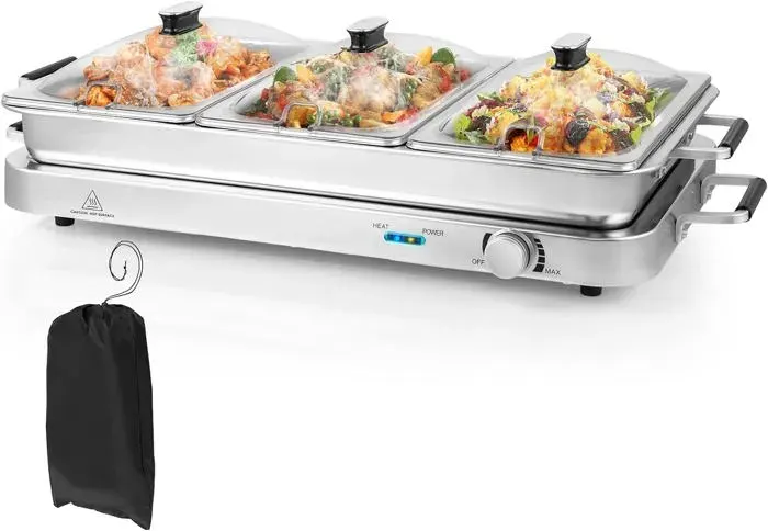 GOPLUS 2-en-1 Chauffe-Plat Électrique de Nourriture avec 3 Couvercles transparents et 8 plateaux en acier inoxydable de 8 L Sac