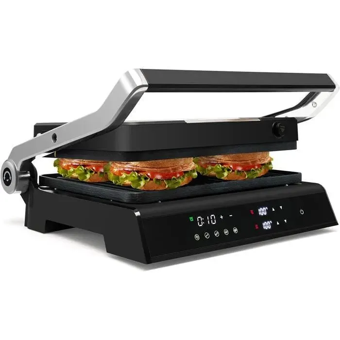 GOPLUS Grill à Panini Rabattable à 180° & 5 Programmes Plaques Double Face Antiadhésives Affichage LED - Noir