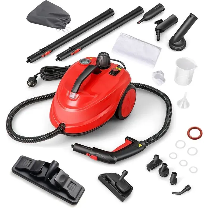 GOPLUS Nettoyeur Vapeur 2000W avec Réservoir 18L13 AccessoiresPression 5 BarBalai Vapeur pour TapisFenêtreVerreRideauRouge