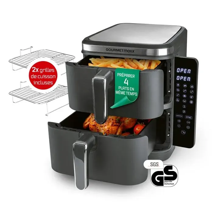 GOURMETmaxx FryUp Friteuse à air chaud verticale à double chambre - 10 L - 2800 watts - gris