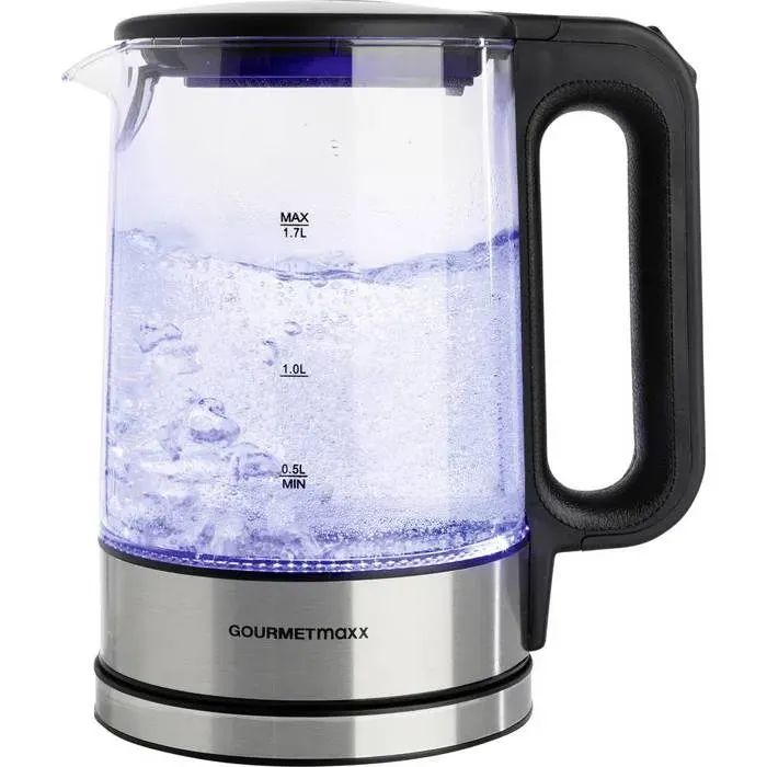 GourmetMaxx GOURMETmaxx Glas-Wasserkocher LED 17l 2200W Edelstahl/schwarz kabellos Bouilloire filaire noiracier inoxy