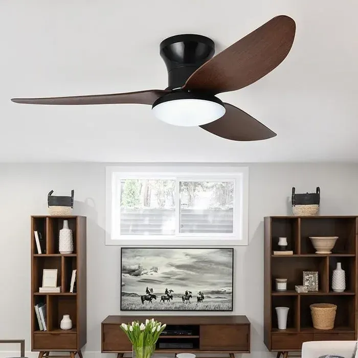 Grande Plafonnier Ventilateur de Plafond Salon Dimmable Télécommande LED Lustre Ventilateur De Plafond Réversible 100cm Black Wood