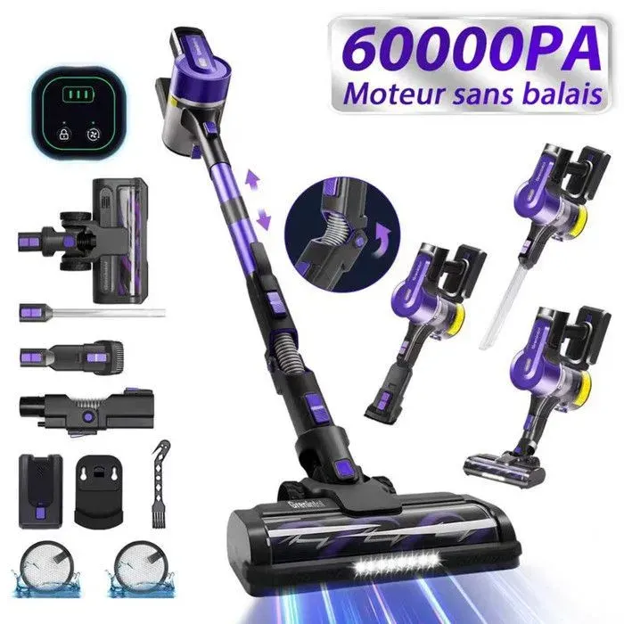 Grenintol S119 Aspirateur Balai Sans Fil 60000Pa 500W 60min Écran Tactile Brosse Anti-emmêlement 12L Idéal Poils danimaux & Tapis