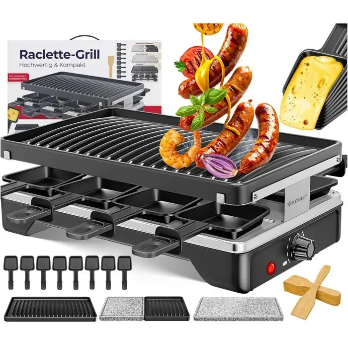Gril à raclette noir avec pierre naturelle - KESSER - 8 personnes - 1200 W - Plaque antiadhésive - 8 poêlons — coloris Noire
