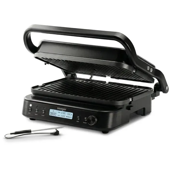 Gril contact 3 en 1 - Seeger - Appareil croque-monsieur planini et plancha - Plaques amovibles sans PFAS - Thermomètre
