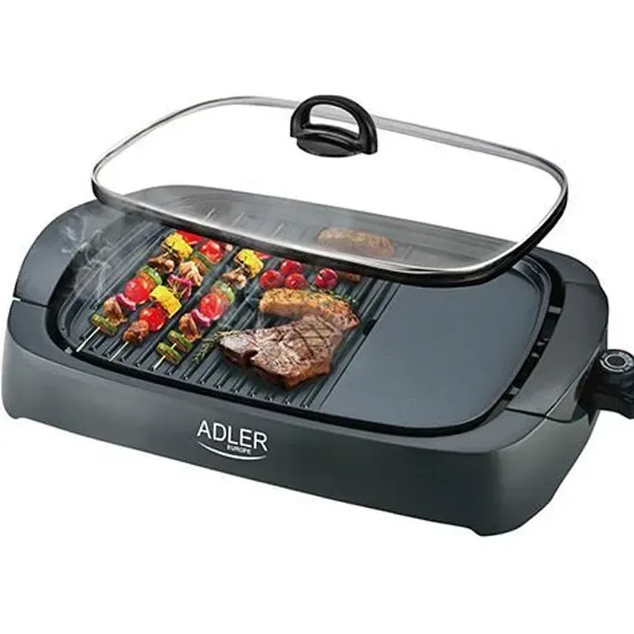 Gril Électrique - ADLER - 2200W - Plaque Antiadhésive - Couvercle en Verre