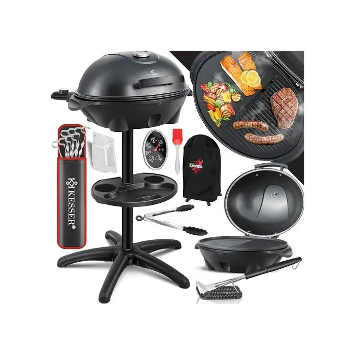 Gril électrique noir - KESSER - 2 en 1 - Plaque de cuisson XXL 49 x 37 cm - 2400 W - Thermomètre intégré