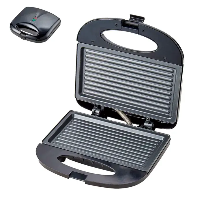 Gril électrique portable DAM de 750W. Zone de cuisson antiadhésive avec fermeture par clip et lumières LED. 22x21x8Cm. Couleur — coloris Noir