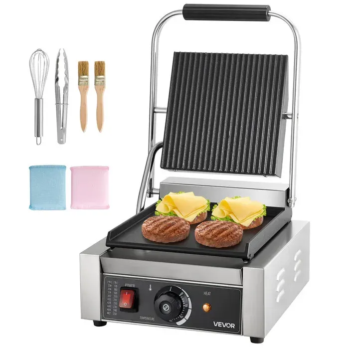 Gril Panini Électrique 1800 W-VEVOR-Machine à Panini avec Plaque Émaillée Plate de 22x23 cm Appareil à Sandwich en Inox
