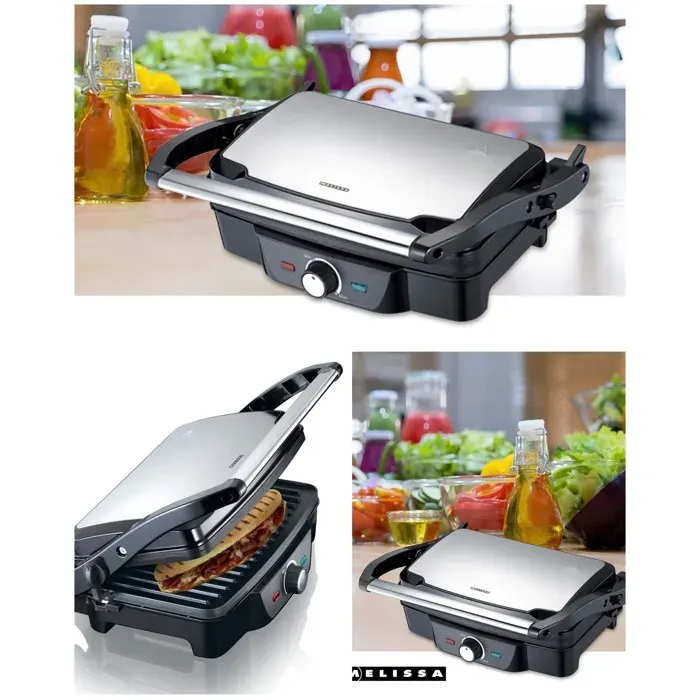 Grill à panini - MELISSA - 1600W - Plaques antiadhésives - Charnière 180° - Bac à huile