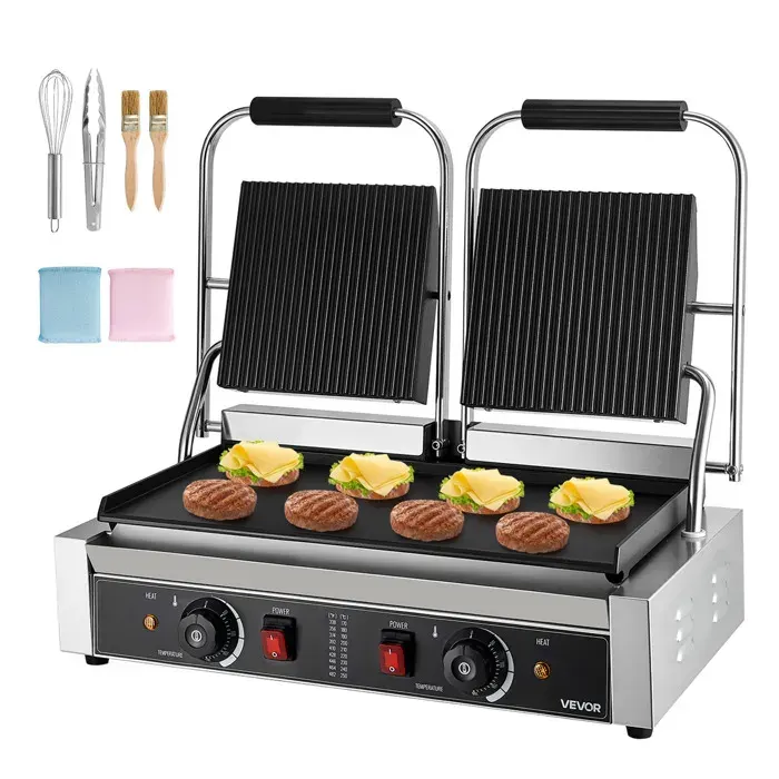 Grill à Panini Professionnel-VEVOR-Appareil à Panini Électrique 3600 W-Double Presse à Sandwich-Plaque Émaillée Plate 48 x 23 cm
