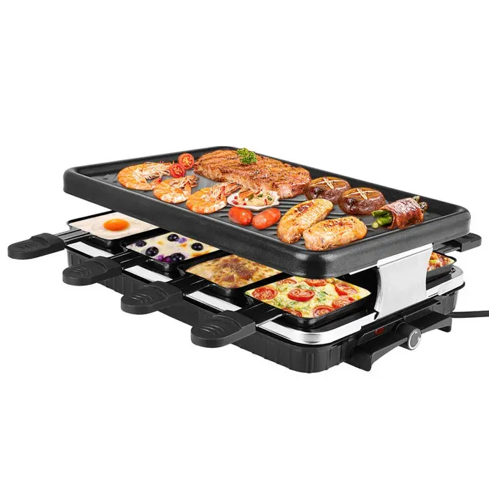 Grill à raclette et barbecue coréen électrique 8 personnes : surface antiadhésive amovible thermostat réglable