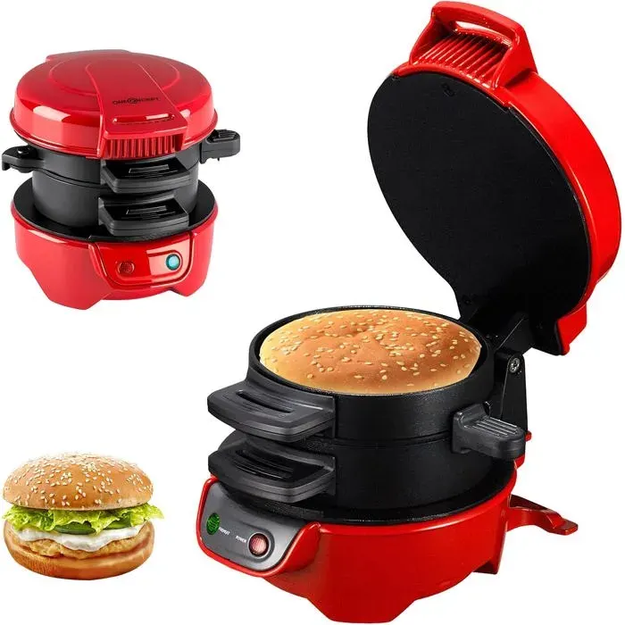 Grill à sandwichs - VETOBIOL - 600W - Revêtement antiadhésif - Compte à rebours numérique - Lavable au lave-vaisselle — coloris Rouge
