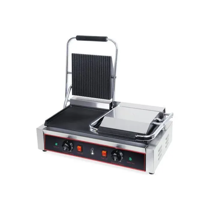 Grill contact électrique panini double - 36 kW (2x18 kW) - plaques sup. rainurées / inf. lisse - thermostat réglable