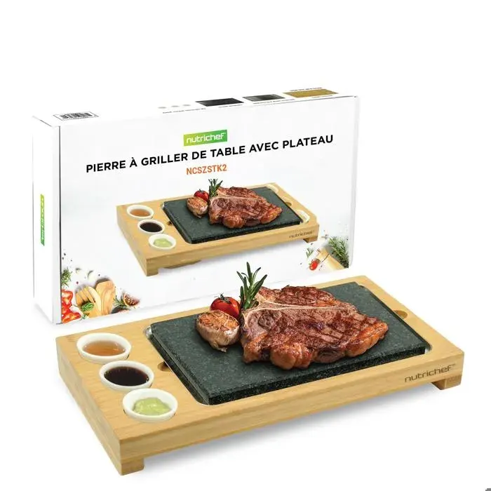 Grill de table - NUTRICHEF - Set Pierre Chaude Rectangle - Pierre granit 287°C - Plateau bambou et 3 bols - Thermostat réglable — coloris Noir