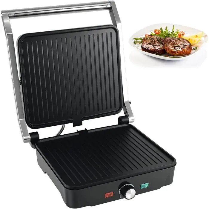 Grill Électrique 2000W Ouvrable 180° Plaques Antiadhésives 28X25Cm - Pour Sandwiches Paninis Viandes Légumes[PE655]