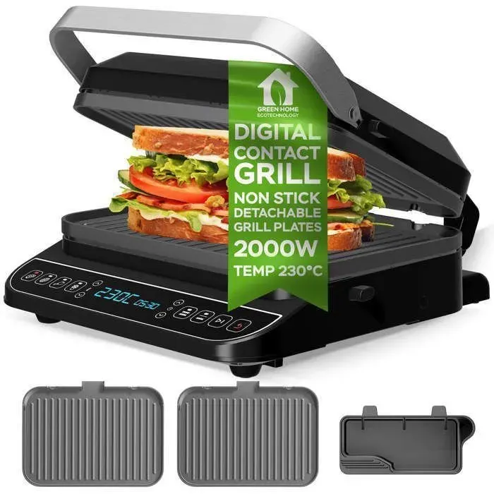 Grill électrique 3-en-1 - TURBOTRONIC - CG900 - 2000 W - Ouverture 180° - Plaques amovibles antiadhésives