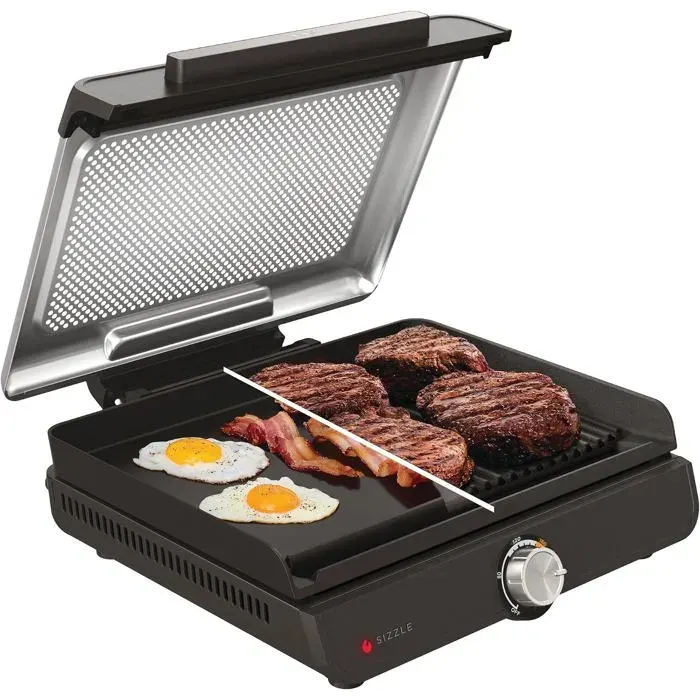 Grill électrique intérieur plancha - plaque antiadhésive 260°C - couvercle compatible lave-vaisselle collecteur de graisse gris