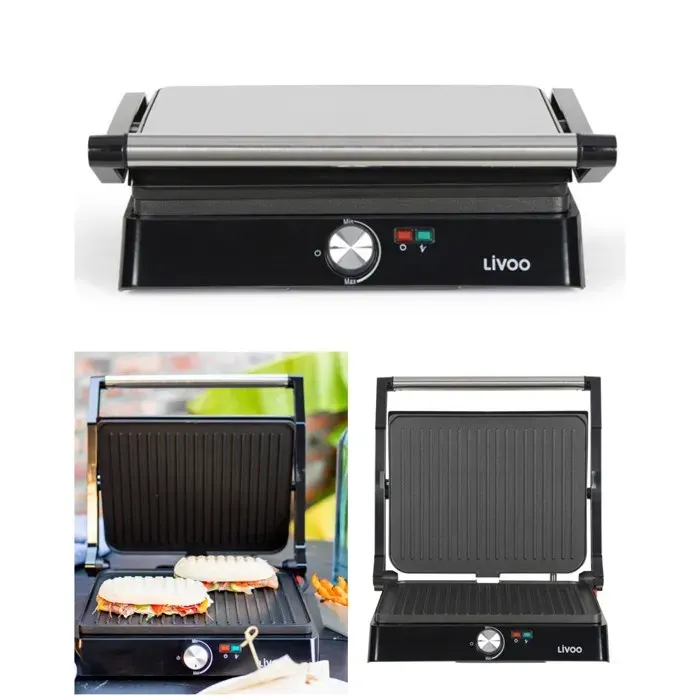 Grill électrique - LIVOO - 2200W - Ouverture 180° (plancha) - Plaques rainurées antiadhésives - Surface 29x23 cm