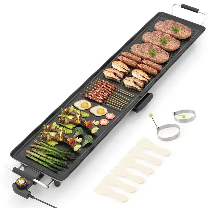 Grill Électrique - RELAX4LIFE - 1400W - Contrôle de Thermostat à 4 Niveaux - Bac de Récupération Amovible - 10-12Personnes-100X22CM