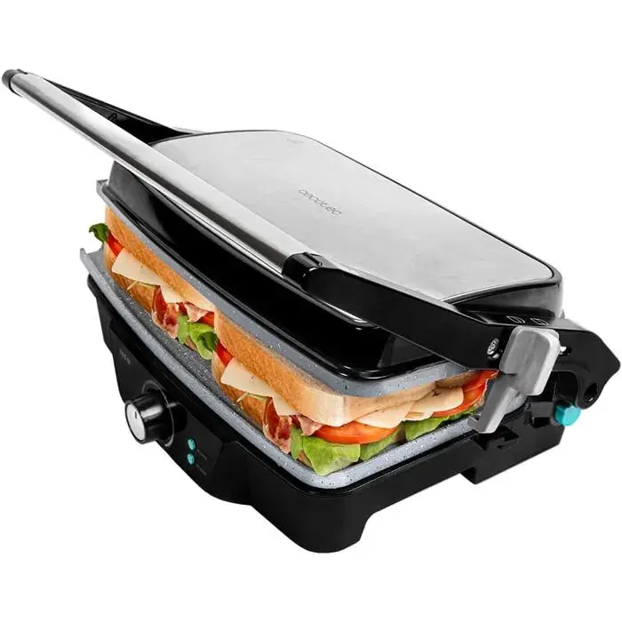 Grill Électrique Rock’NGrill 1500W Plancha Et Appareil Sandwich Revêtement Céramique Plateau Récupérateur De Graisse Minuterie