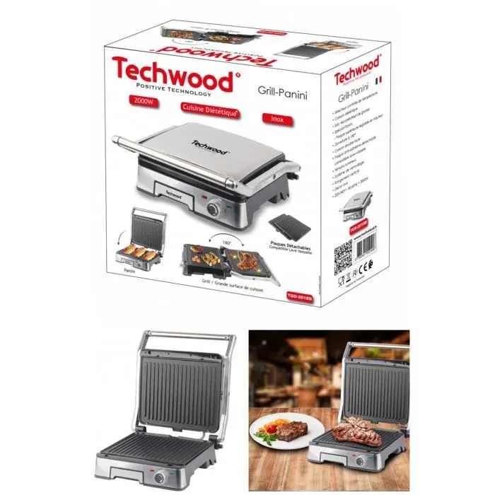Grill - Panini Double face 180° 2000W Cuisson diététique Ouverture à 180° anti-adhésive avec Témoins lumineux