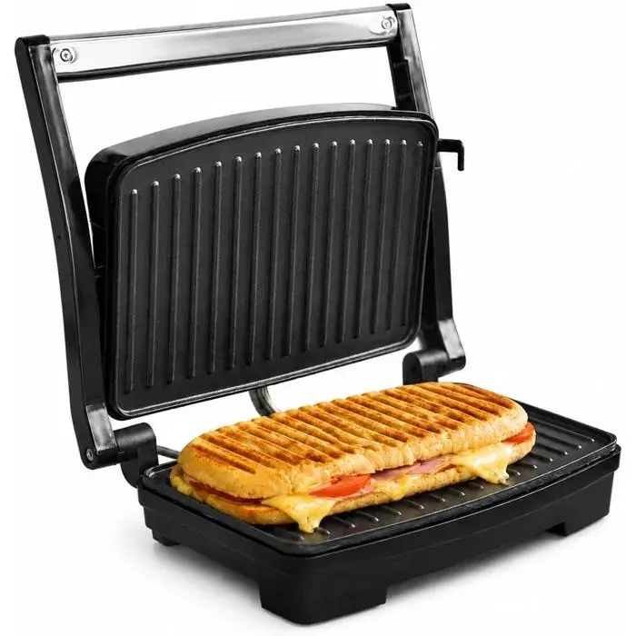 Grill panini électrique 1000W plaques antiadhésives poignée froide voyant lumineux format compact 28x225 cm inox noir