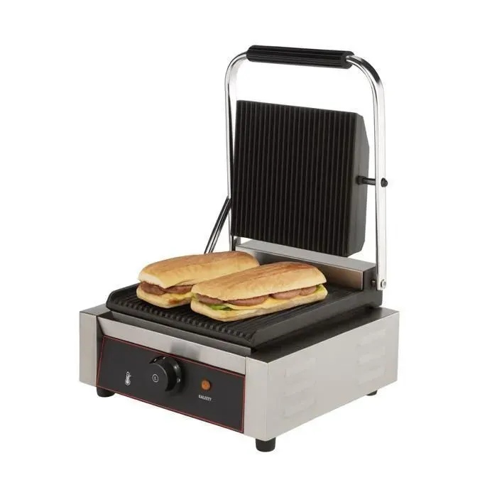 Grill panini électrique professionnel - Inox 1800W - Plaques fonte rainurées - Thermostat 0-300°C - Bac récupération 350x30mm