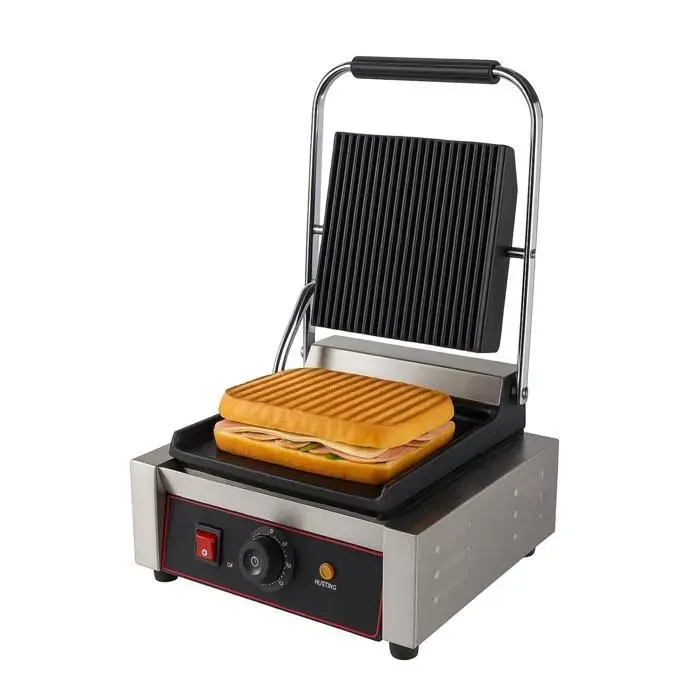 Grill pour panini électrique - 18 kW - Plaques sup. rainurée / inf. lisse - Thermostat 0–300°C - 230 x 220 mm
