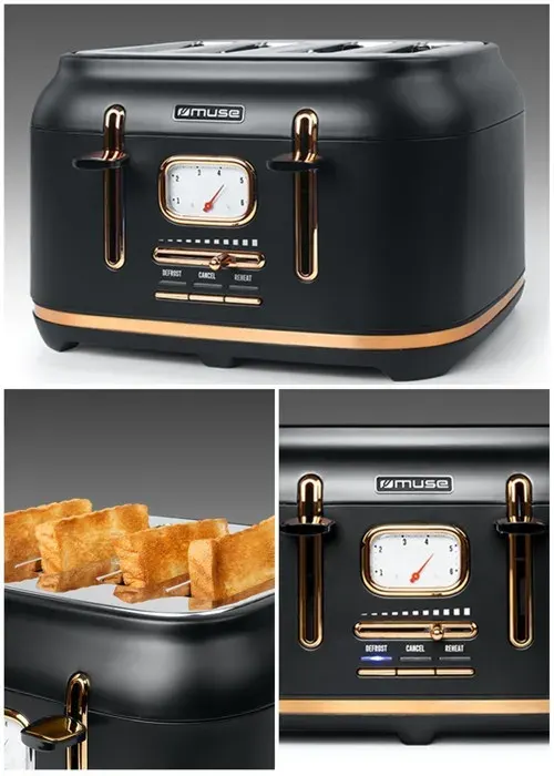 Grille-pain 4 tranches - Vintage - Noir doré - 1800W - 6 niveaux de brunissement - Nettoyage facile