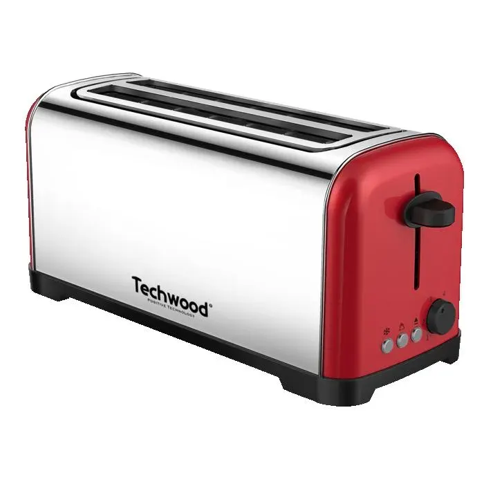 Grille Pain Inox Brossé Techwood TGPI-4025 - 2 longues et larges fentes - Puissance : 1200-1400W - Coloris Rouge