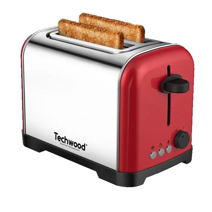Grille Pain Inox Techwood TGPI-2015 - Option de réchauffage - Bouton Arrêt instantané - Puissance 600-700W - Coloris Rouge