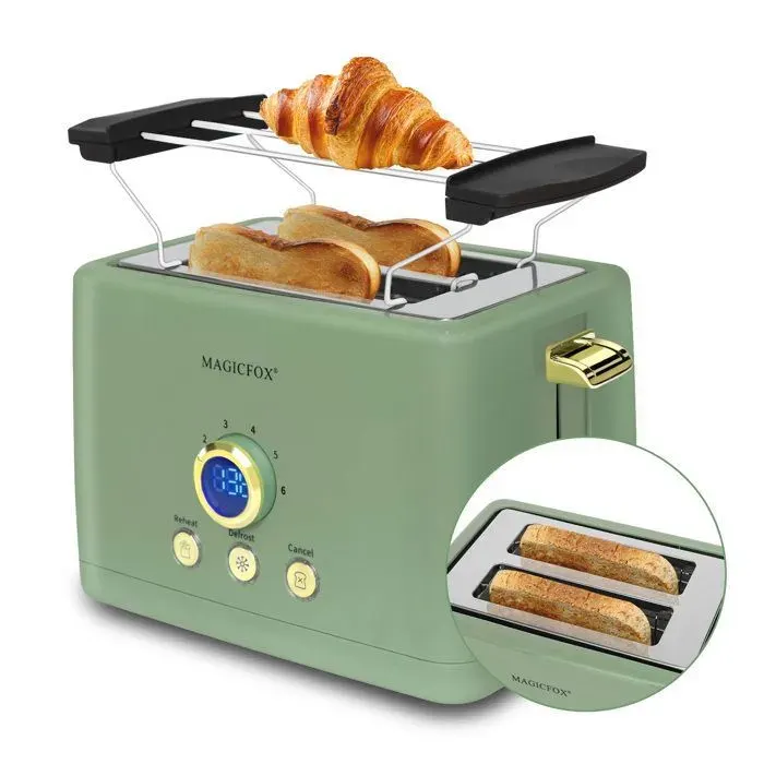 Grille-pain numérique MAGICFOX ClassicToast - 840 W 2 Fentes extra larges Éjection Automatique 3 fonctions préréglées - Vert