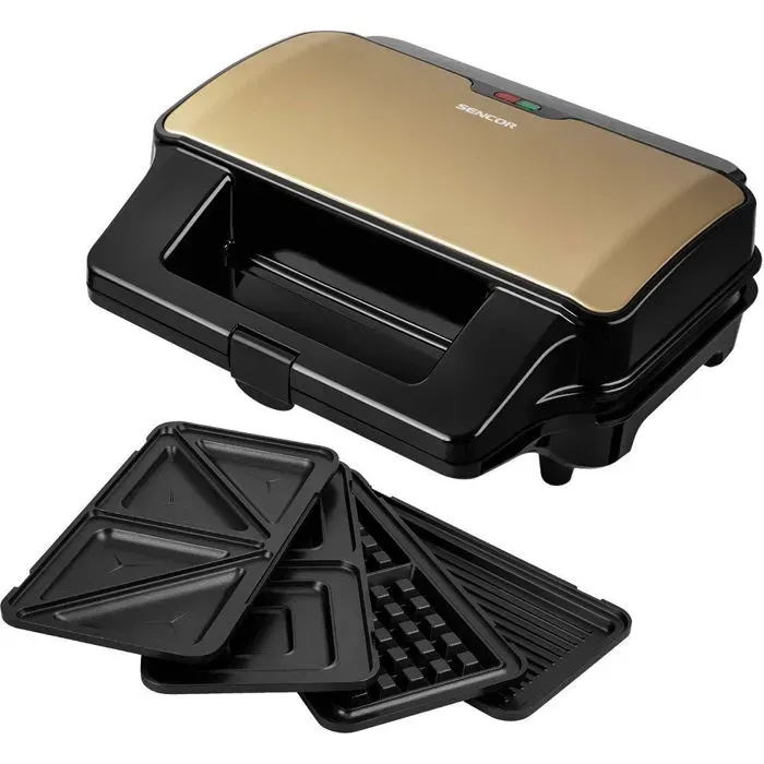 Grille-pain - SENCOR - SSM 9977CH - 4en1 - Plaques amovibles - 900 W - Noir et doré