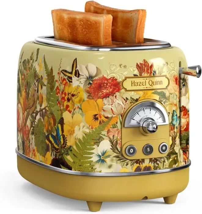 Grille-Pain Vintage - WEISS CANNON - Double Fente 38 mm - 3 Fonctions - 6 Niveaux de Cuisson - Jaune Imprimé