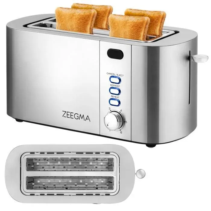 Grille-pain - ZEEGMA - Tostee Chef - 4 tranches - 1500 W - 6 niveaux de dorage