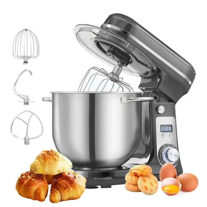 Gris Robot pâtissier 1200W avec bol inox 6L 6 vitesses pétrin batteur mélangeur multifonction
