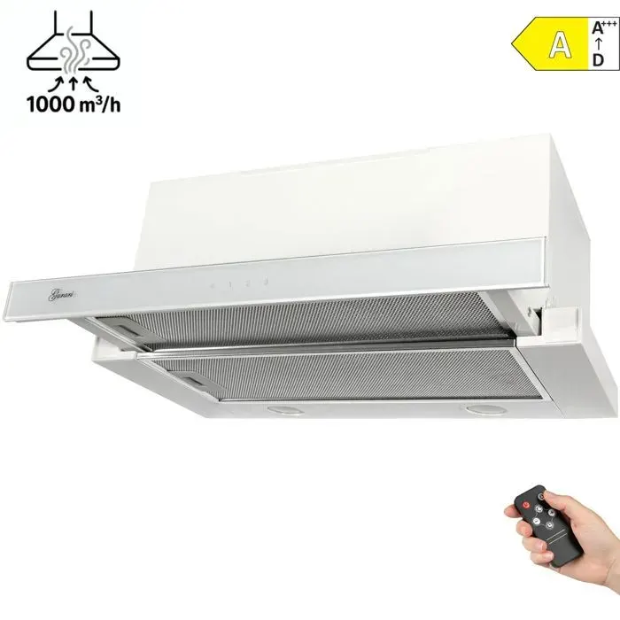 GURARI Hotte aspirante télescopique GCH 117 WH Prime• Hotte 60 cm encastrable • groupe filtrant intégré Blanc verre • 1000m³/h