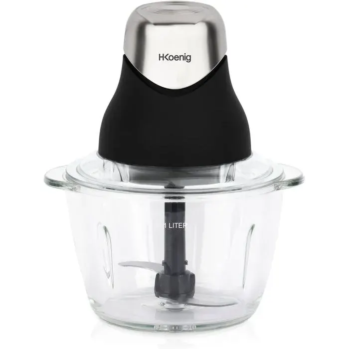 H.Koenig Mini Hachoir Electrique LEO8 400W Lames en Acier Inox Bol en Verre 1L Noir