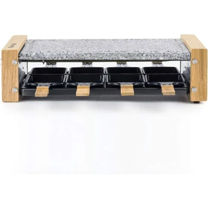 H.Koenig WOD8 Appareil à Raclette 8 Personnes Design Bois Pierre Granit Amovible 1200W 8 Poêlons Antiadhésifs