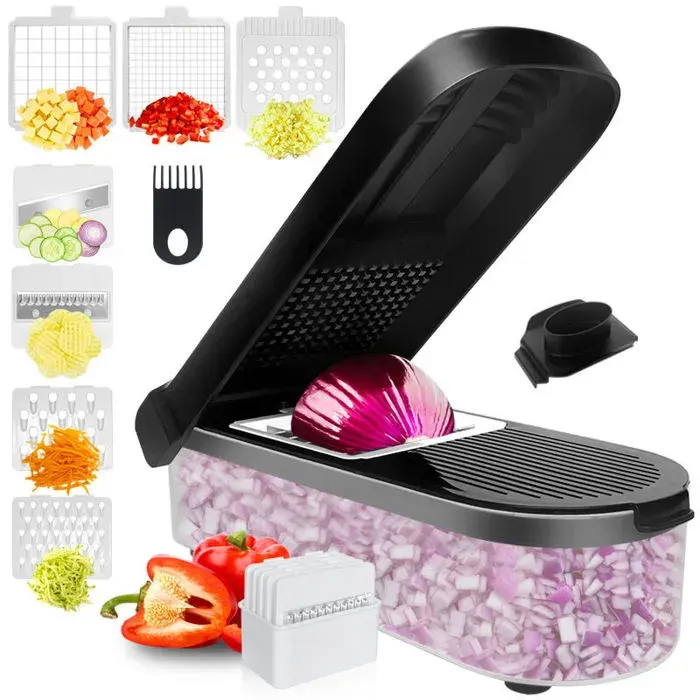 Hachoir 7-en-1 Compact Noir coupeur/trancheur/râpe salade/oignons/frites/cubes récipient inclus .
