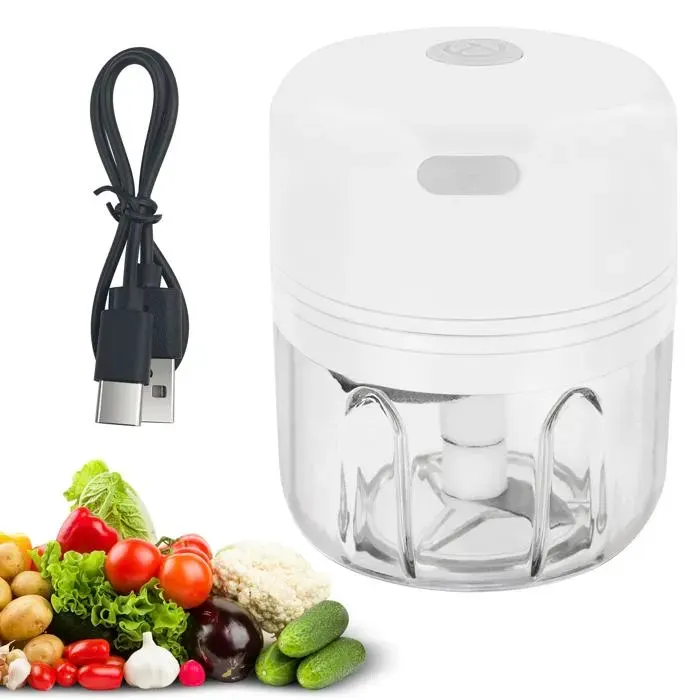 Hachoir Électrique 250 mlMixeur Hachoir Rechargeable USB Portable Mini Coupe Legumes avec 3 Lames en Acier Inoxydable(Blanc)