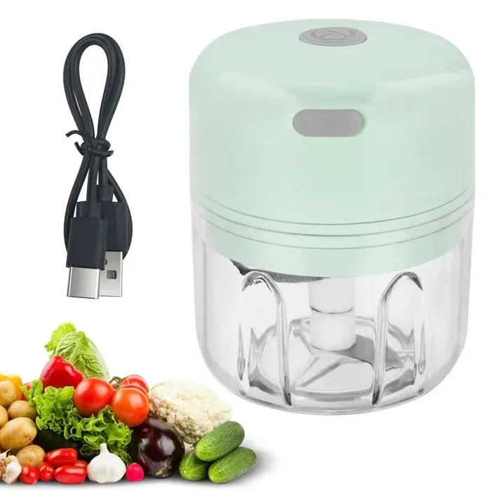 Hachoir Électrique 250 mlMixeur Hachoir Rechargeable USB Portable Mini Coupe Legumes avec 3 Lames en Acier Inoxydable(Vert)