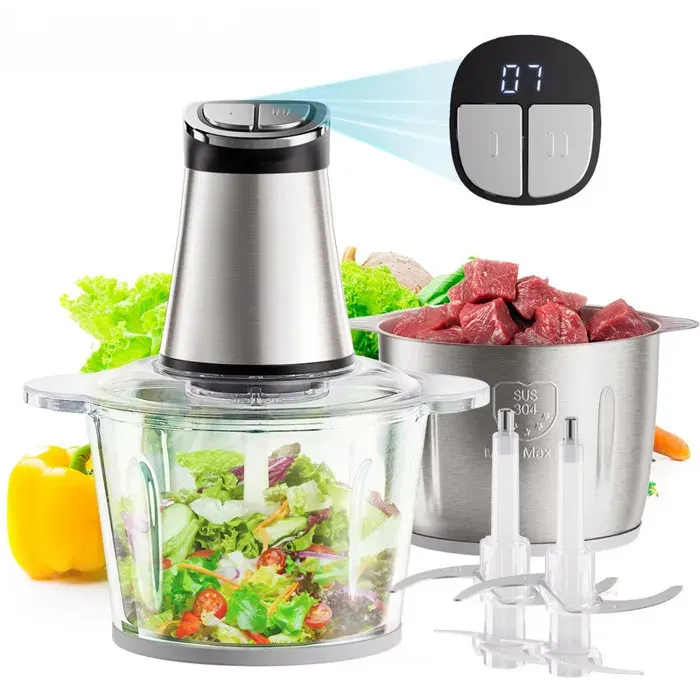 Hachoir électrique 300W comprend 2 bols et 4 lames parfait pour préparer des aliments pour bébés des viandes et des oignons