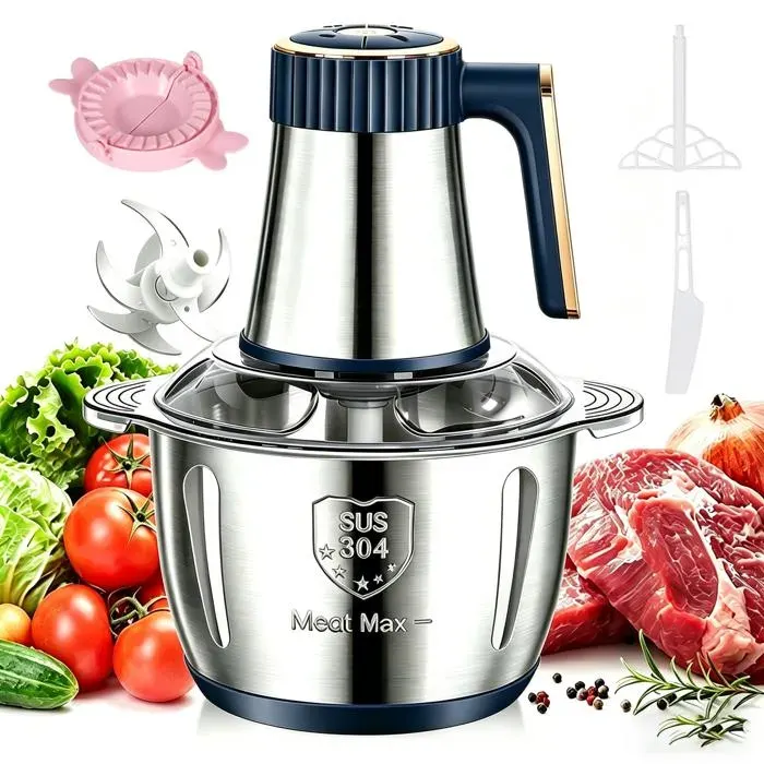 Hachoir électrique 500W Bol en acier inoxydable 5L 6 lames 5 vitessesSystème de pression simpleAppareil de cuisine Multifonction