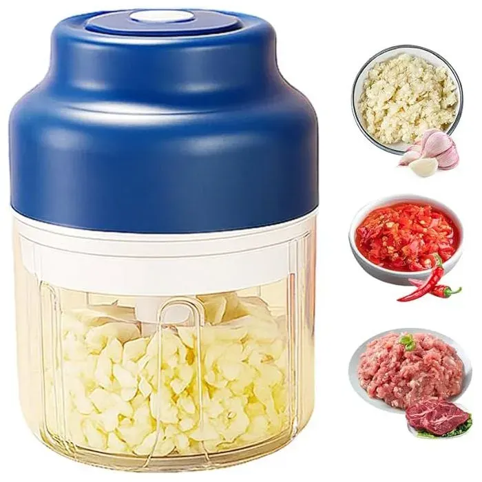 Hachoir électrique à ail portable USB sans fil 250ml bleu pour légumes et aliments