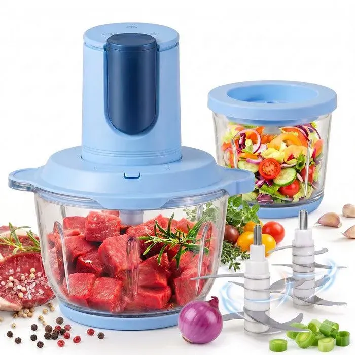 Hachoir Électrique avec 2 Bols en Verre (2L et 07L) et 2 Jeux de Lames en Inox (8 et 6 Lames) – Idéal pour Purées Bébé